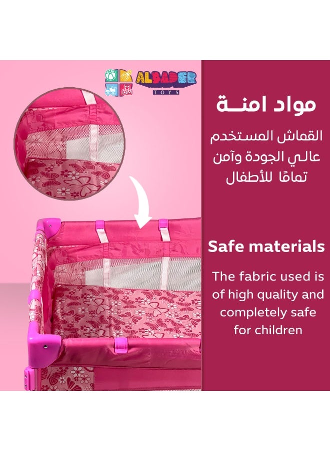 البدر سرير ومحبس أطفال بتصميم ناموسية كبيرة ومظلة عصرية – محبس أطفال بعجلات مزدوجة مع طاولة غيار قابلة للفك، سرير محبس 2 في 1 قابل للطي والتنقل بسهولة، محبس أطفال آمن ومريح بجوانب شبكية وفرشة داخلية مطبوعة – سرير محبس بتصميم عملي وألوان مميزة - Image 4